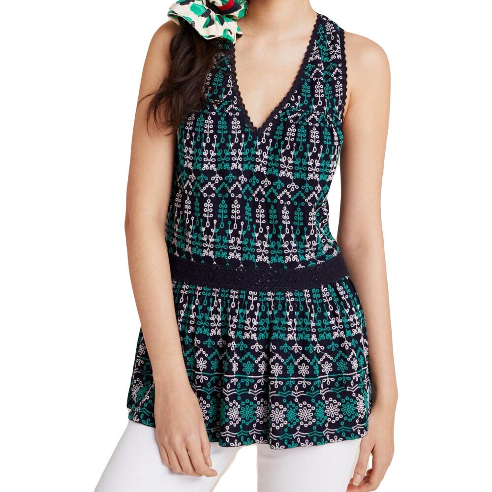 NWOT MAEVE Anthropologie Top XS”Cammie”Embroidery Lace-Crochet V Flare Flounce